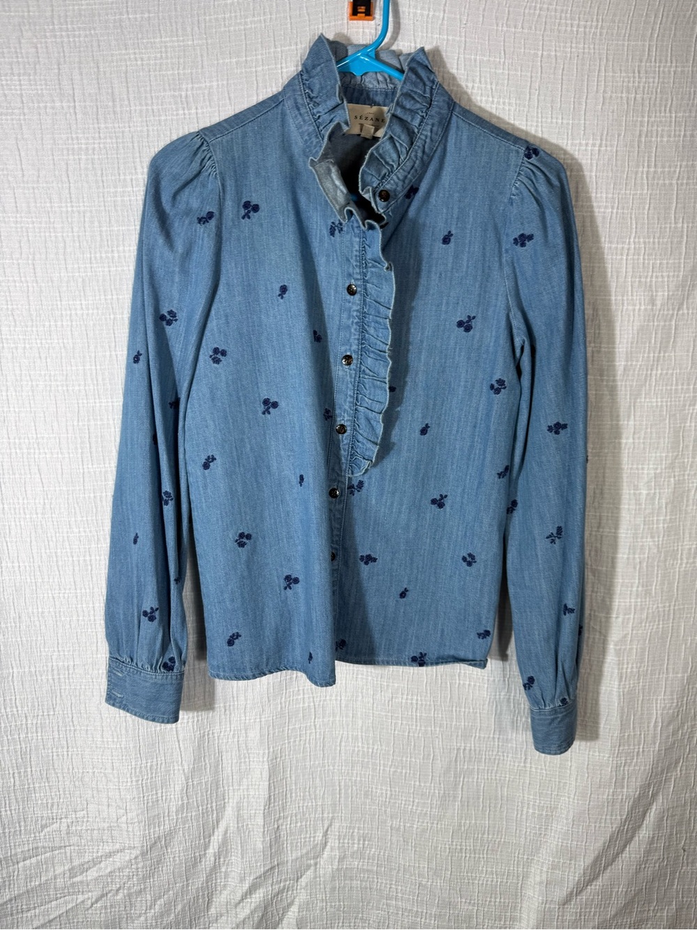 Sézane Chlo Blue Ruffle Denim Shirt Floral Embroidery